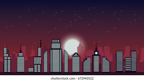 Night cityscape vector illustration
buildings, city lights and reddish sky