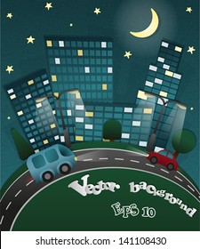 Night cityscape vector illustration, made of paper, with buildings, trees and cars on the road