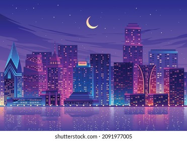 Night Cityscape Water Reflection Landscape Illustration