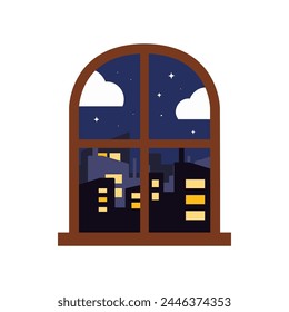 Night cityscape window frame. Window with skyscraper building. Landscape, urban city concepts. Flat modern decorative vector design isolated illustration.
