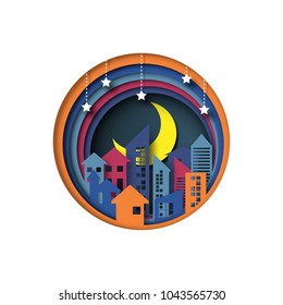 Night cityscape,stars and crescent moon on midnight sky background paper art style design.Vector illustration.