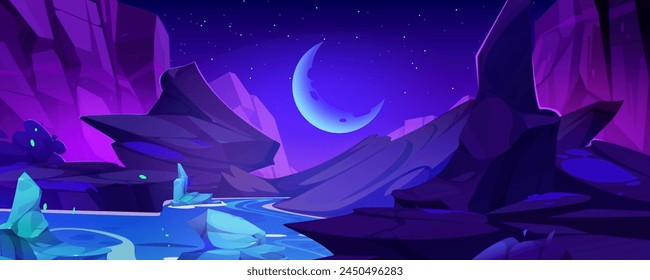 Night cliff landscape in west mountain valley cartoon background. Wild canyon scene with river, iceberg in water and crescent in sky panorama environment. Dark game location with stream illustration