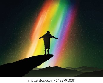 Night climbing. Man silhouette on cliff edge. Rainbow polar lights
