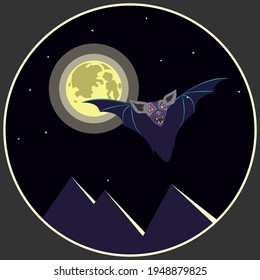 Night clipart. Vector illustration of night with moon, bat and mountains. Vampire at night.