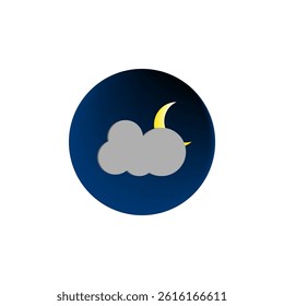 Night cloud icon. Moon weather shape. Dark blue background. Crescent yellow element.
