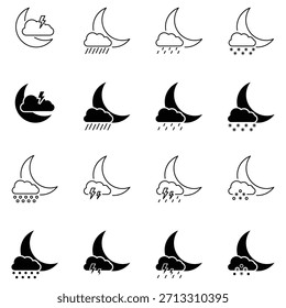 Iconos del pronóstico de la luna de la nube de la noche, contorno y símbolos sólidos del Clima, sistema del rayo de la nieve de la lluvia, paquete mínimo del clima, Ilustración vectorial