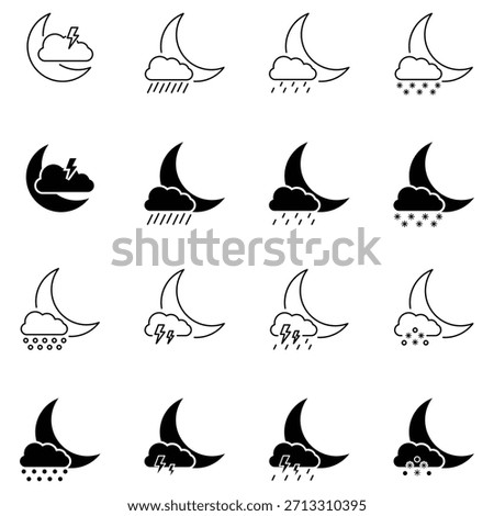 Night cloud moon forecast icons, outline and solid weather symbols, rain snow lightning set, minimal climate pack, vector illustration