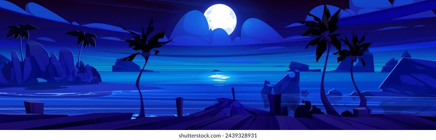 Night cloud sky with moon on sea landscape vector. Dark tropical ocean island in moonlight reflection on horizon. Wood embankment and palm tree on heaven seaside coast anime panorama wallpaper.