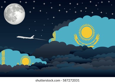 Night Clouds with Kazakhstan Flags, Aeroplane Flying