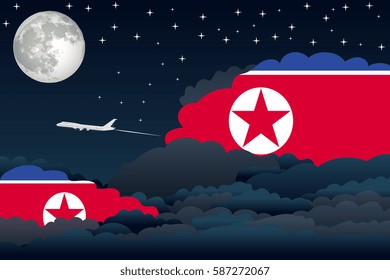 Night Clouds with Korea, North Flags, Aeroplane Flying