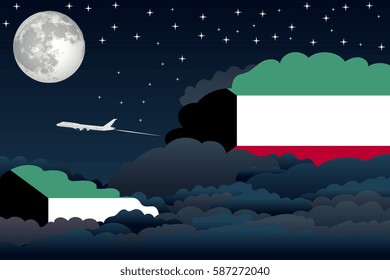 Night Clouds with Kuwait Flags, Aeroplane Flying