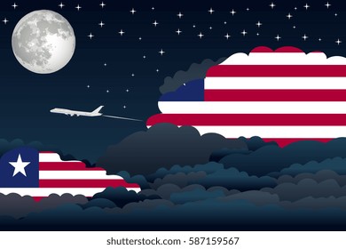 Night Clouds with Liberia Flags, Aeroplane Flying