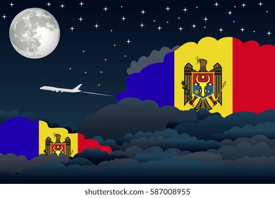 Night Clouds with Moldova Flags, Aeroplane Flying