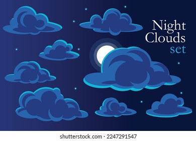Night clouds in moon light set. Cartoon fluffy clouds and Full moon in vector.