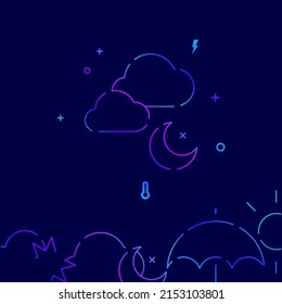 Nacht. Wolken, Mond und Sterne Farbverlauf-Linie Vektorsymbol, einfache Illustration auf dunkelblauem Hintergrund, Wettervorhersage bezogen unten Rand.