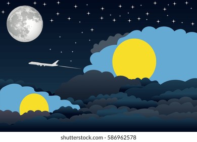 Night Clouds with Palau Flags, Aeroplane Flying