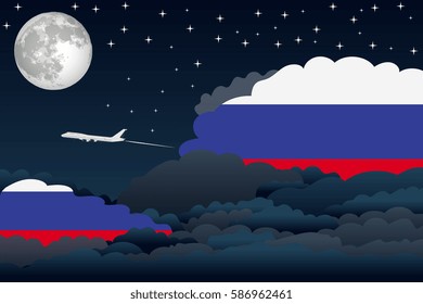 Night Clouds with Russia Flags, Aeroplane Flying