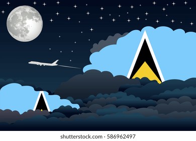 Night Clouds with Saint Lucia Flags, Aeroplane Flying