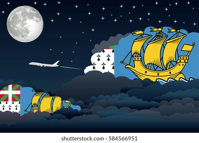 Night Clouds with Saint Pierre and Miquelon Flags, Aeroplane Flying