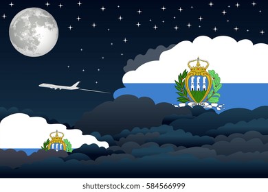 Night Clouds with San Marino Flags, Aeroplane Flying