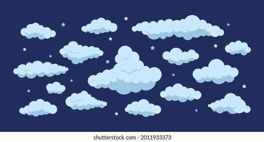 Night clouds with stars icon set isolated on dark sky background. Cartoon cute fluffy clouds collection for heaven 2d scene and backgrounds. Flat design cumulus clip art vector illustration.