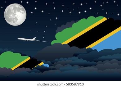 Night Clouds with Tanzania Flags, Aeroplane Flying