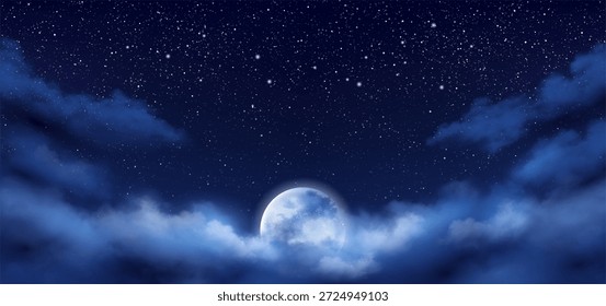 Paisaje nuboso de la noche con la luna y el paisaje estrellado. Vector horizonte realista de nubes y atmósfera mística. Noche iluminada, vista dramática o paisaje al aire libre, escena de la mañana o del atardecer