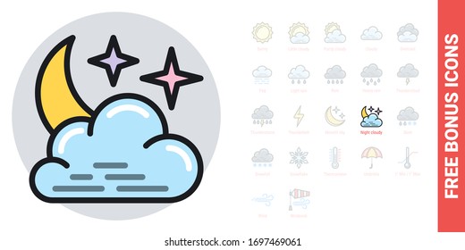 Night cloudy icon for weather forecast application or widget. Moon and stars in the night sky behind the clouds. Simple color version. Free bonus icons kit included