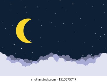Night cloudy sky background with moon and shining stars - Vector illustration