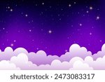 Night cloudy sky. Purple and blue abstract space with stars and sparkles. Cute dreamy wallpaper with magic light. Dark evening heaven landscape. Vector gradient sunrise with twilight calm dusk