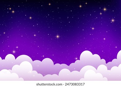 Night cloudy sky. Purple and blue abstract space with stars and sparkles. Cute dreamy wallpaper with magic light. Dark evening heaven landscape. Vector gradient sunrise with twilight calm dusk