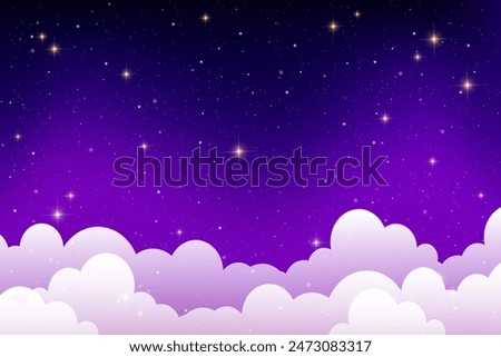 Night cloudy sky. Purple and blue abstract space with stars and sparkles. Cute dreamy wallpaper with magic light. Dark evening heaven landscape. Vector gradient sunrise with twilight calm dusk