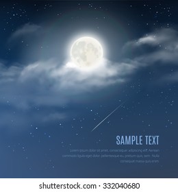 Night cloudy sky with the shining stars and moon. Vector illustration of night sky 