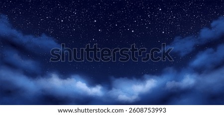 Night cloudy sky with stars and constellations. Vector realistic evening scenery with clouds, cloudscape. Dramatic skyscape for scenic outdoors landscape. Fog or mist, mysterious look