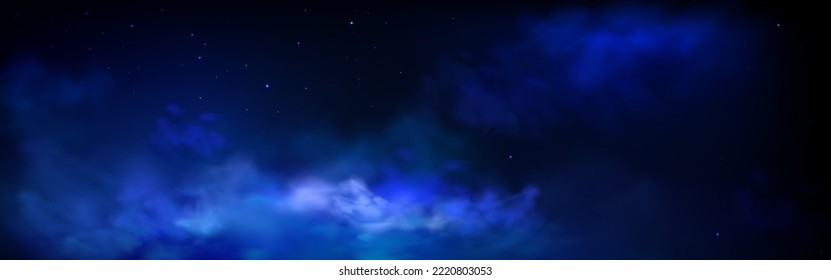 Night cloudy sky with stars, dark starry heaven with moonlight reflecting on clouds. Midnight dusk panoramic background, far universe, deep space mystery landscape, Realistic vector illustration