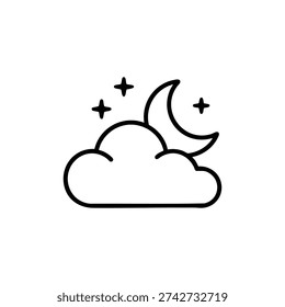 Night cloudy weather icon with moon and stars black and white vector illustration