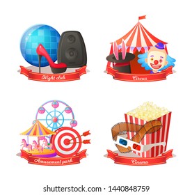 Night club and amusement park vector, weekends leisure and relaxation places, cinema and circus, popcorn and 3d glasses, disco ball and music ferris