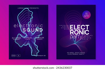 Night Club Banner. Edm Concert Element. Psychedelic Audio Invitation. Night Club Magazine. Green Dance Poster. Blue Party Design. Electro Vector. Violet Night Club Banner