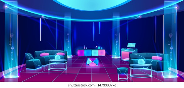 Night club or bar interior, empty dark lounging room with neon illumination, counter desk with drinks, dj mixer, furniture tables with soft couches, glowing plasma lamps. Cartoon vector illustration