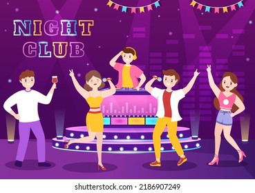 Night Club Cartoon Illustration with Nightlife like a Young People Drink Alcohol and Youth Dance Accompanied by Dj Music in Spotlight