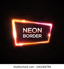 Night club casino bar show performance neon sign on black brick wall background. Blank 3d retro light signboard with glowing neon effect. Electric banner design. 80s style colorful vector illustration