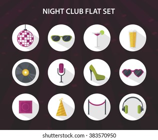 Night club cocktail party, music icon set on  disco background, vector flat illustration