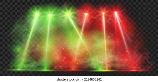 Night Club Colorful Stage Lights With Smoke Background. Realistic Disco Spotlight Beams For Music Show. Party Scene Lamp Rays Vector Effect. Illustration Of Club Night And Light Party