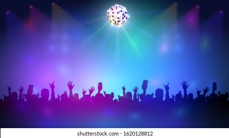 Night club with a crowd and disco ball, music event and dance