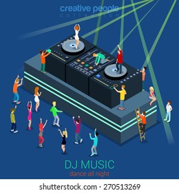 Night club dance DJ booth party flat 3d web isometric infographic concept vector template. Group young men girls dancing scene before and on dee-jay equipment. Creative people collection.