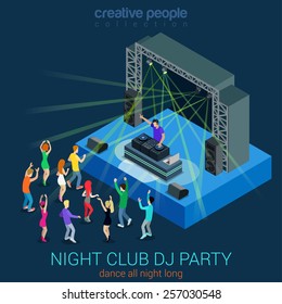 Night club dance DJ party flat 3d web isometric infographic concept vector template. Performance electronic music concept Dee-Jay set. Group young men girls dancing scene. Creative people collection.