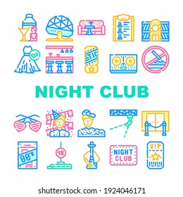 Night Club Dance Party Collection Icons Set Vector. Night Club Lounge Area And Floor Disco Ball, Bar Counter And Dj Equipment Concept Linear Pictograms. Contour Color Illustrations