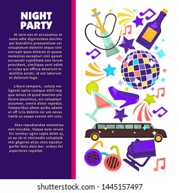 Night club dance party disco ball and champagne vector dancing hookah or shisha and round glasses cocktail glass and female stiletto shoe limousine vehicle and music alcohol bottle neon signboard.