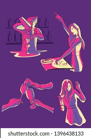 Night club dancing and drinking. Bartender pouring drinks dj woman