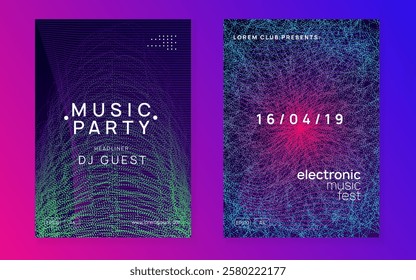 Night Club Design. Electronic Beat Invitation. Electro Vector. Violet Party Banner. Night Club Concert Element. Sound Flyer. Green Edm Set. Blue Night Club Design